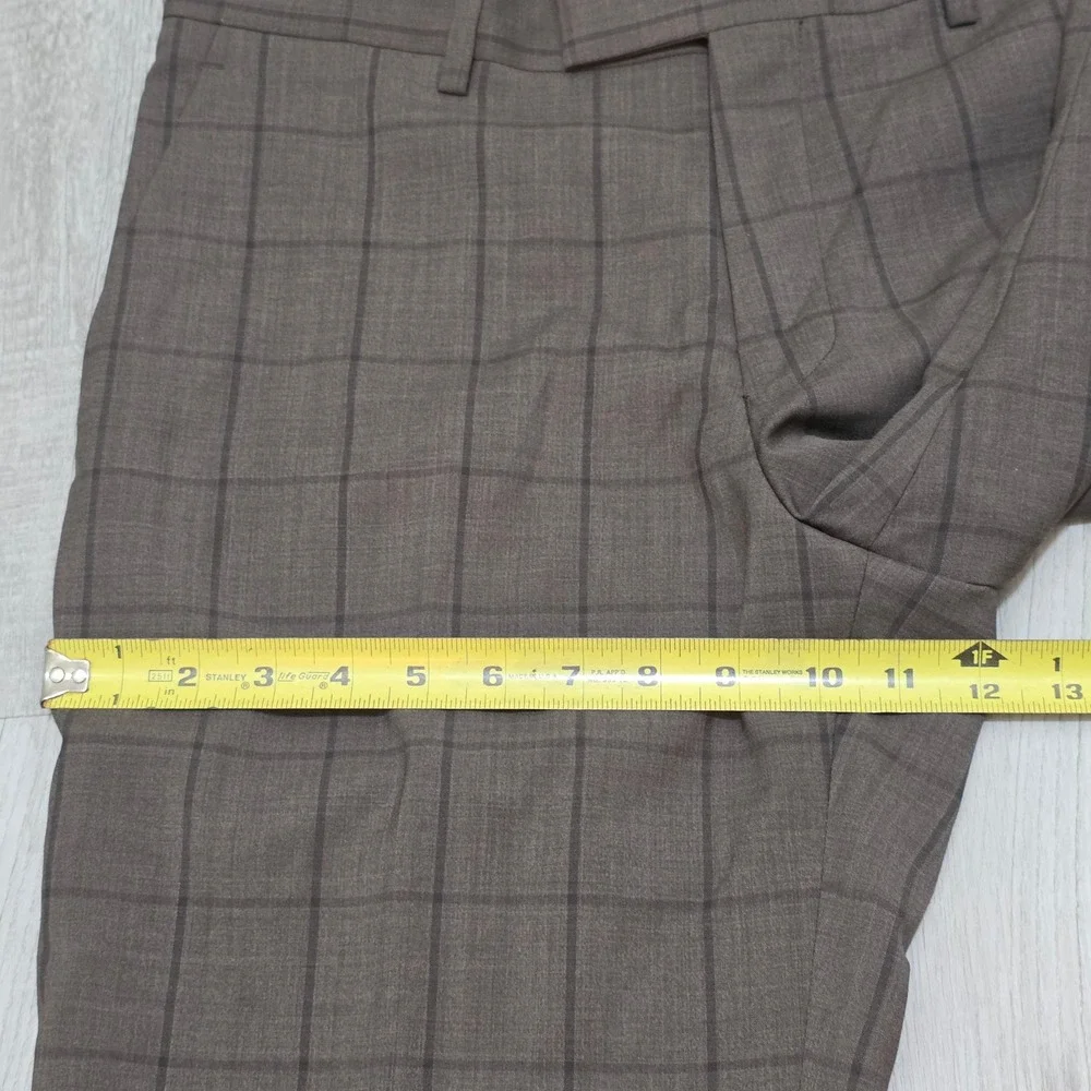 Paul Fredrick Men's Brown Windowpane Plaid 100% Wool Tailored Fit Dress Pants 34